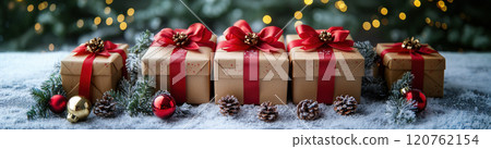 Merry Christmas, Happy New Year, gift boxes red ribbon bow, celebration, copy space, banner 120762154