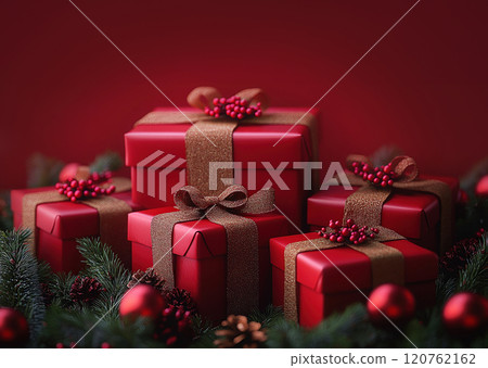 Merry Christmas, New Year, closeup craft red gift box green background. Flat lay, copy space, banner 120762162