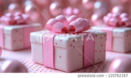 Close up craft pink gift boxes pink ribbon bow, copy space, banner, Merry Christmas, New Year, birthday, Mother's Day, Valentine's Day 120762167