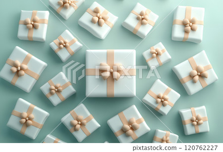 White gift boxes natural ribbon color pastel background, birthday, Christmas, Valentines Mothers Day 120762227