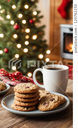 illustration of a Christmas themed greeting card of a living room with a tree and Christmas decorations and a cup with a hot drink and cookies 120762250