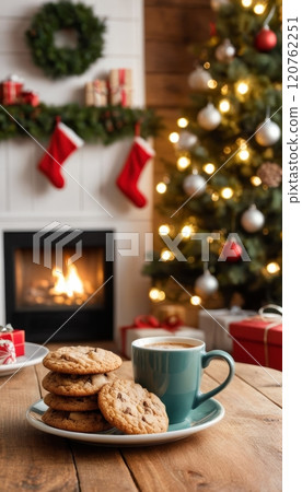 illustration of a Christmas themed greeting card of a living room with a tree and Christmas decorations and a cup with a hot drink and cookies 120762251
