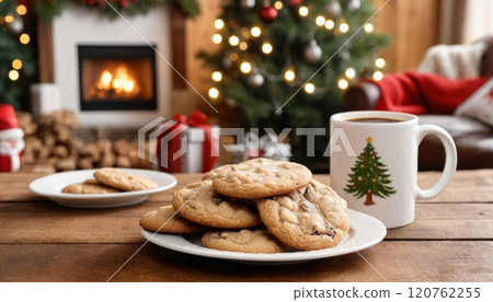 illustration of a Christmas themed greeting card of a living room with a tree and Christmas decorations and a cup with a hot drink and cookies 120762255