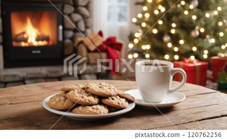 illustration of a Christmas themed greeting card of a living room with a tree and Christmas decorations and a cup with a hot drink and cookies 120762256