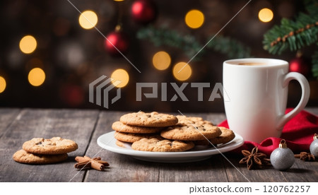Christmas themed greeting card illustration of a cup with a hot drink and cookies with Christmas decorations around it 120762257