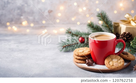 Christmas themed greeting card illustration of a cup with a hot drink and cookies with Christmas decorations around it 120762258