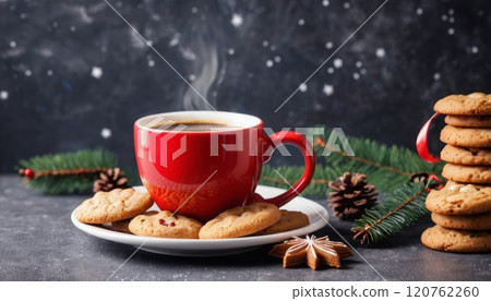 Christmas themed greeting card illustration of a cup with a hot drink and cookies with Christmas decorations around it 120762260