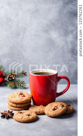 Christmas themed greeting card illustration of a cup with a hot drink and cookies with Christmas decorations around it 120762261