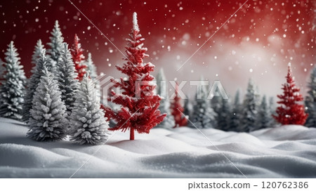 A beautiful snowy Christmas scene featuring charming festive trees adorned with ornaments 120762386