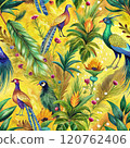 Seamless pattern of vibrant tropical birds perched amongst red and yellow flowers 120762406