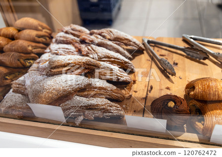 Various assortment of bakery on the counter in a bakery 120762472