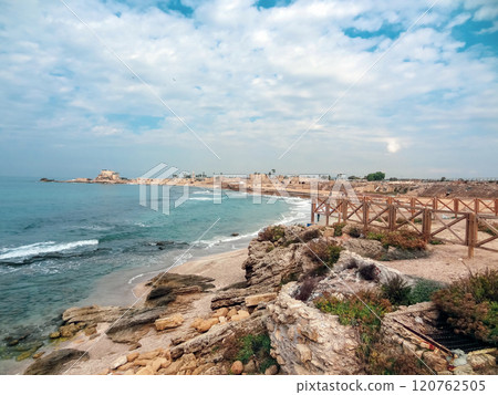Rocky coast near the ancient Caesarea national park on the Mediterranean coastline, Israel. Rocky coast near the ancient Caesarea national park on the Mediterranean coastline, Israel. 120762505