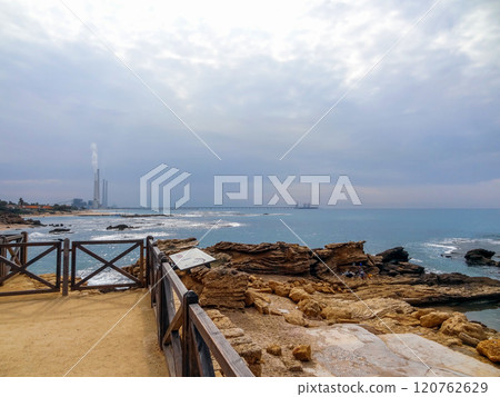 Rocky coast near the ancient Caesarea national park on the Mediterranean coastline, Israel. 120762629
