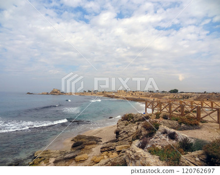 Rocky coast near the ancient Caesarea national park on the Mediterranean coastline, Israel. Rocky coast near the ancient Caesarea national park on the Mediterranean coastline, Israel. 120762697