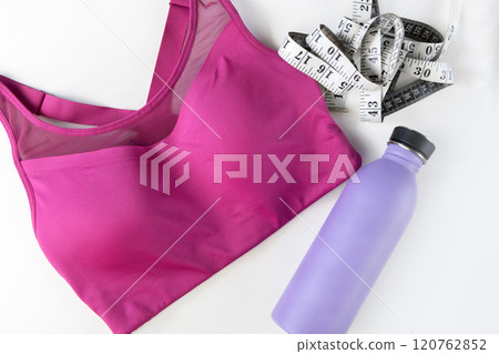 Concept of sports lifestyle and sports activities. Flat lay of sports top bra and drinking bottle. 120762852