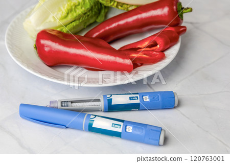 Original Danish Ozempic Insulin injection pen for diabetics and plate with vegetables. 120763001