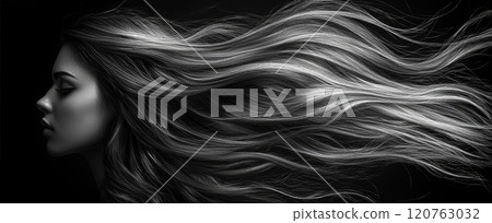 Captivating beauty of wavy long hair flowing gracefully in the wind 120763032