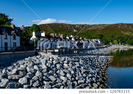 Harbor With Boats In The Village Ullapool At The Atlantic Coast Of The Highlands In Scotland, UK Harbor With Boats In The Village Ullapool At The Atlantic Coast Of The Highlands In Scotland, UK 120763155