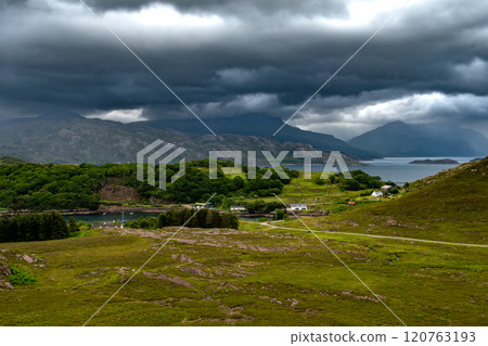 Rural Landscape At Village Ardheslaig On Applecross Peninsula At The Atlantic Coast Of The Highlands Of Scotland, UK 120763193