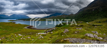 Picturesque Landscape With Mountains Beinn Alligin And Beinn Eighe near Village Shieldaig At The Atlantic Coast Of Loch Shieldaig In Scotland, UK 120763195