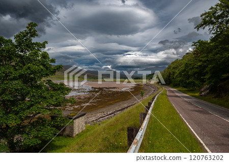Abandoned Street To Applecross Pass With River Allt a'Chumhaing In Scotland, UK 120763202