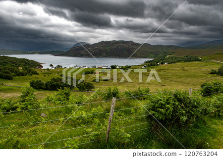 Village Kenmore On The Applecross Peninsula With Atlantic Coast Of Loch Torridon At The Highlands Of Scotland, UK 120763204