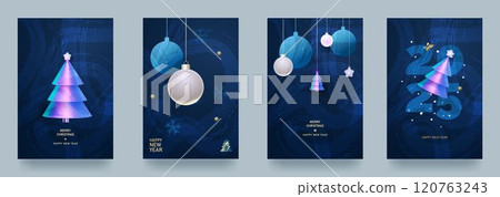 Set of Christmas and New Year cards. Vector illustration concepts for background, greeting card, party invitation card, banner, social media. Strokes, 3D shapes, gradients Set of Christmas and New Year cards. Vector illustration concepts for background, greeting card, party invitation card, banner, social media. Strokes, 3D shapes, gradients 120763243
