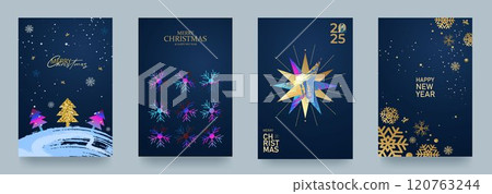 Set of Christmas and New Year cards. Vector illustration concepts for background, greeting card, party invitation card, banner, social media. Strokes, geometric shapes, blue-gold background 120763244