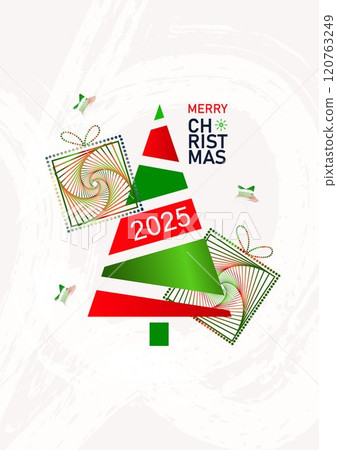 Christmas, New Year card in bright festive colors. Vector illustration concepts for background, greeting card, party invitation card, banner, social media. Christmas tree. Vector 120763249