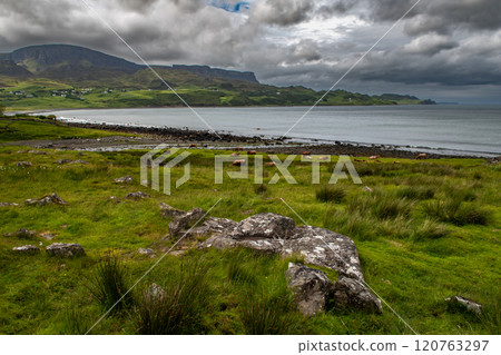 Rural Landscape With Cows, Village And Sandy Beach At The Atlantic Coast Of The Isle Of Skye In Scotland, UK Rural Landscape With Cows, Village And Sandy Beach At The Atlantic Coast Of The Isle Of Skye In Scotland, UK 120763297