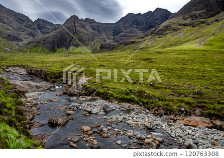 Valley Glen Brittle With River Brittle And Waterfalls With Fairy Pools On The Isle Of Skye In Scotland, UK Valley Glen Brittle With River Brittle And Waterfalls With Fairy Pools On The Isle Of Skye In Scotland, UK 120763308