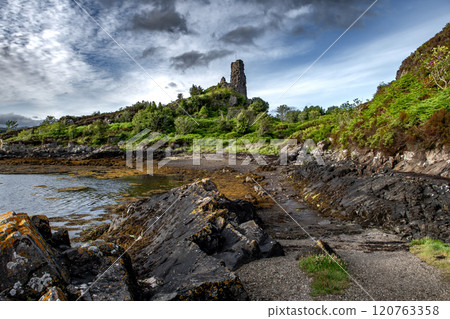 Ruin Of Castle Moil And Loch Alsh At The Village Kyleakin On The Atlantic Coast Of The Isle Of Skye In Scotland, UK Ruin Of Castle Moil And Loch Alsh At The Village Kyleakin On The Atlantic Coast Of The Isle Of Skye In Scotland, UK 120763358