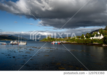 Ruin Of Castle Moil In The Harbor Of Village Kyleakin At The Atlantic Coast Of The Isle Of Skye In Scotland, UK Ruin Of Castle Moil In The Harbor Of Village Kyleakin At The Atlantic Coast Of The Isle Of Skye In Scotland, UK 120763360