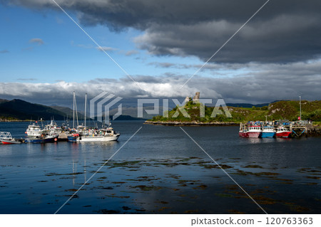 Ruin Of Castle Moil In The Harbor Of Village Kyleakin At The Atlantic Coast Of The Isle Of Skye In Scotland, UK Ruin Of Castle Moil In The Harbor Of Village Kyleakin At The Atlantic Coast Of The Isle Of Skye In Scotland, UK 120763363