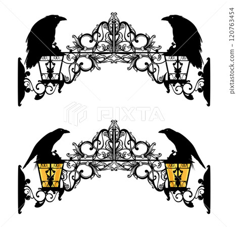 magic arch entrance decor with black raven birds and lamps vector design set magic arch entrance decor with black raven birds and lamps vector design set 120763454