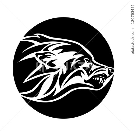 furious snarling wolf profile head black and white vector circle emblem 120763455