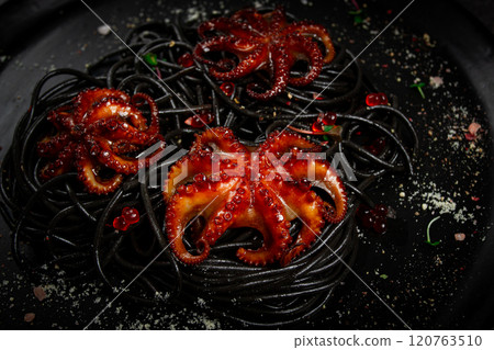 black spaghetti with baby octopuses, homemade, no people, black spaghetti with baby octopuses, homemade, no people, 120763510