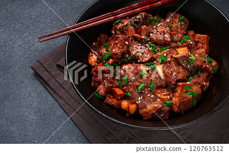 bulgogi, with mushrooms, with sesame seeds and green onions, Korean cuisine, homemade, no people, bulgogi, with mushrooms, with sesame seeds and green onions, Korean cuisine, homemade, no people, 120763512