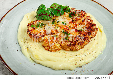 cauliflower steak, with mashed potatoes, spices and herbs, homemade, no people, 120763521