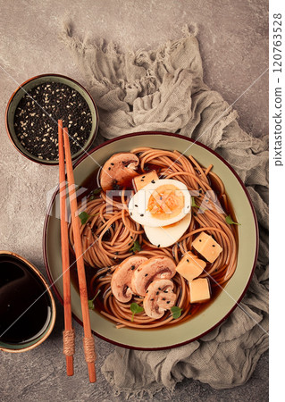 Asian soba soup, with mushrooms and egg, cheese, sesame seeds, homemade, no people, Asian soba soup, with mushrooms and egg, cheese, sesame seeds, homemade, no people, 120763528