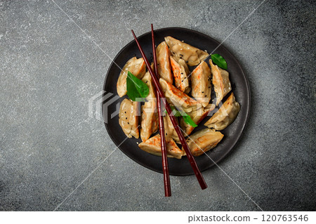 japanese fried dumplings, gyoza, sesame seeds, top view, no people, japanese fried dumplings, gyoza, sesame seeds, top view, no people, 120763546