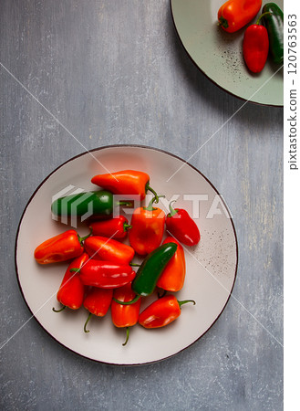 Mini sweet pepper, set, colored peppers, top view, no people, assortment, 120763563