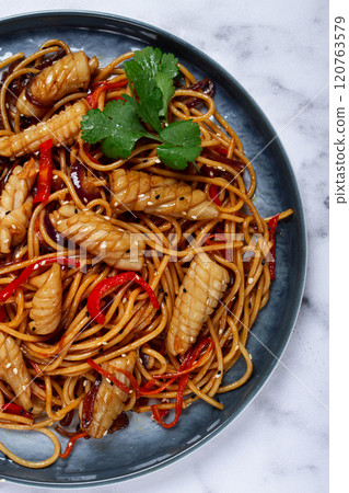 udon noodles, with squid and vegetables, on a marble table, homemade, no people, udon noodles, with squid and vegetables, on a marble table, homemade, no people, 120763579