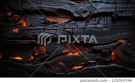 Close-up of charred wood, glowing embers, intricate cracks and textures 120763594