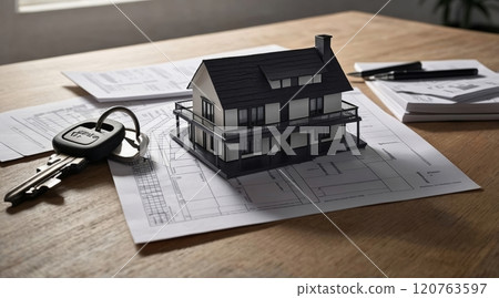 real estate concept a model of a paper modern house near the keys on the table 120763597