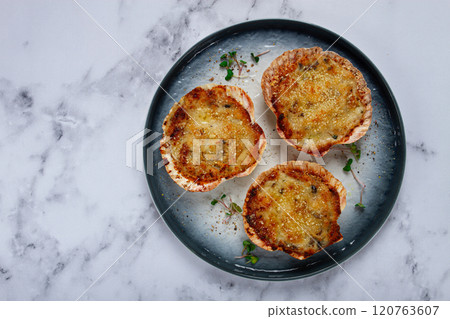 scallop shells, stuffed, baked with cheese, in the oven, julienne with scallops, scallop shells, stuffed, baked with cheese, in the oven, julienne with scallops, 120763607