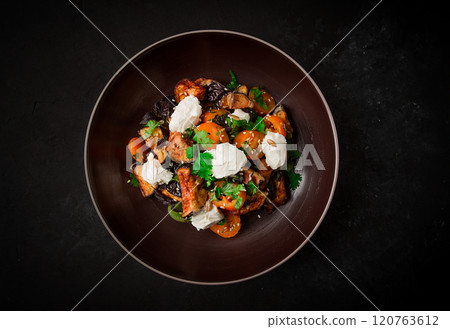 Warm Salad with crispy eggplant and tomatoes, cottage cheese, spices, herbs, sesame seeds, sunflower seeds, Georgian cuisine, no people, Warm Salad with crispy eggplant and tomatoes, cottage cheese, spices, herbs, sesame seeds, sunflower seeds, Georgian cuisine, no people, 120763612