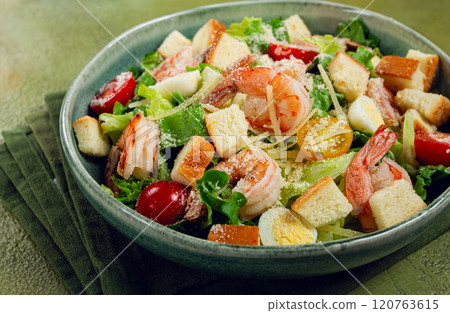 caesar salad, with tiger prawns, shrimp salad, lettuce, quail eggs, cherry tomatoes, parmesan cheese, no people, caesar salad, with tiger prawns, shrimp salad, lettuce, quail eggs, cherry tomatoes, parmesan cheese, no people, 120763615