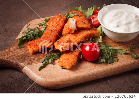 fried fish nuggets, with white sauce, arugula and cherry, no people, fried fish nuggets, with white sauce, arugula and cherry, no people, 120763624