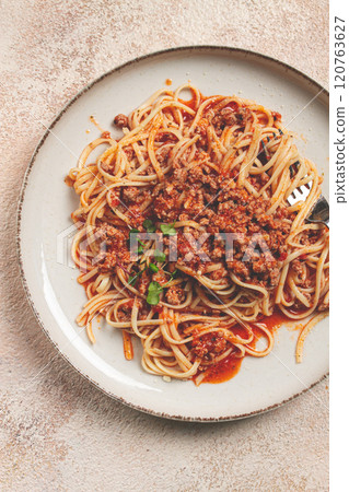 Spaghetti Bolognese, top view, close-up, without people, homemade, Spaghetti Bolognese, top view, close-up, without people, homemade, 120763627